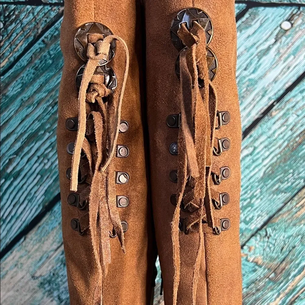 Naughty Monkey Brown Over the Knee Fringe Boots